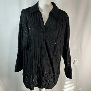 JM Collection Woman Black Textured Sequin Button Up Shirt Plus Size 18W